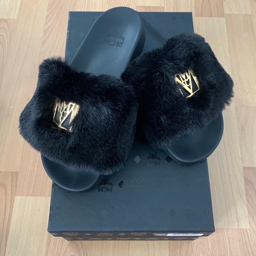 MCM Black Faux Fur Slide Logo Slide Sandals